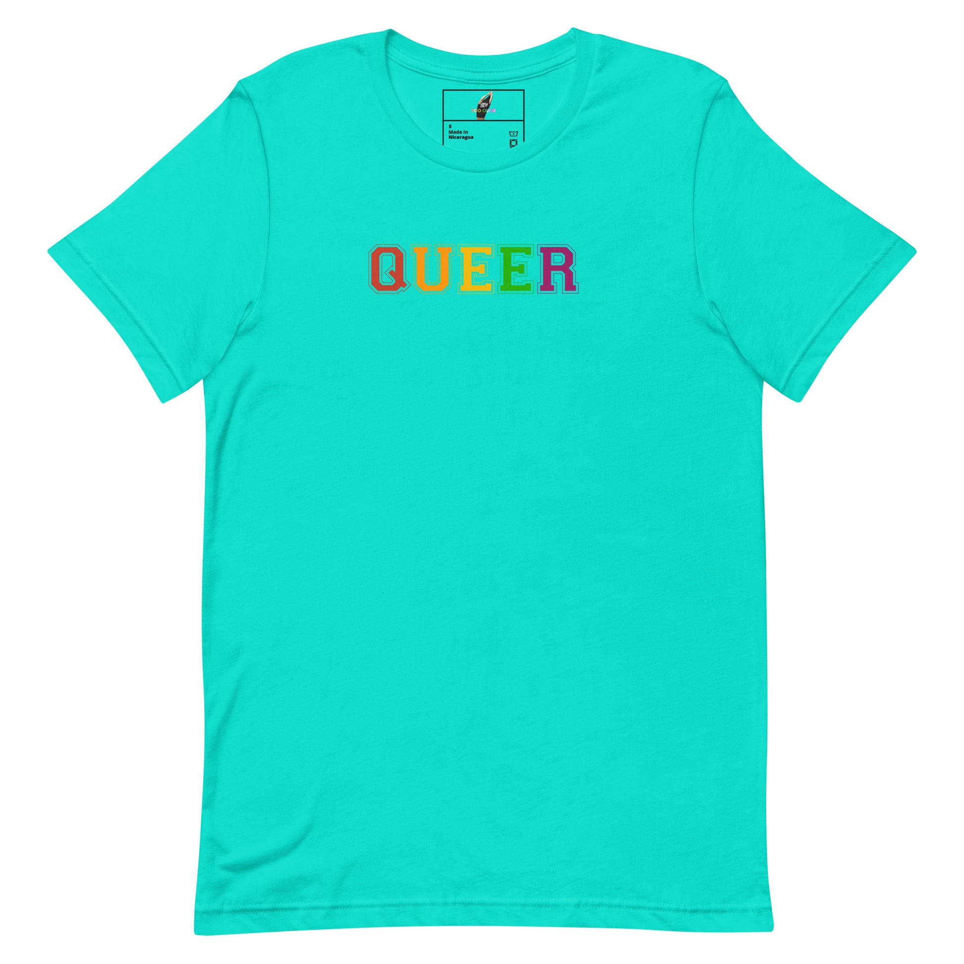 A bright turquoise short-sleeve crewneck t-shirt featuring the word 'QUEER' printed across the chest in a rainbow gradient. The inner neck label shows the brand 'Bloom'.