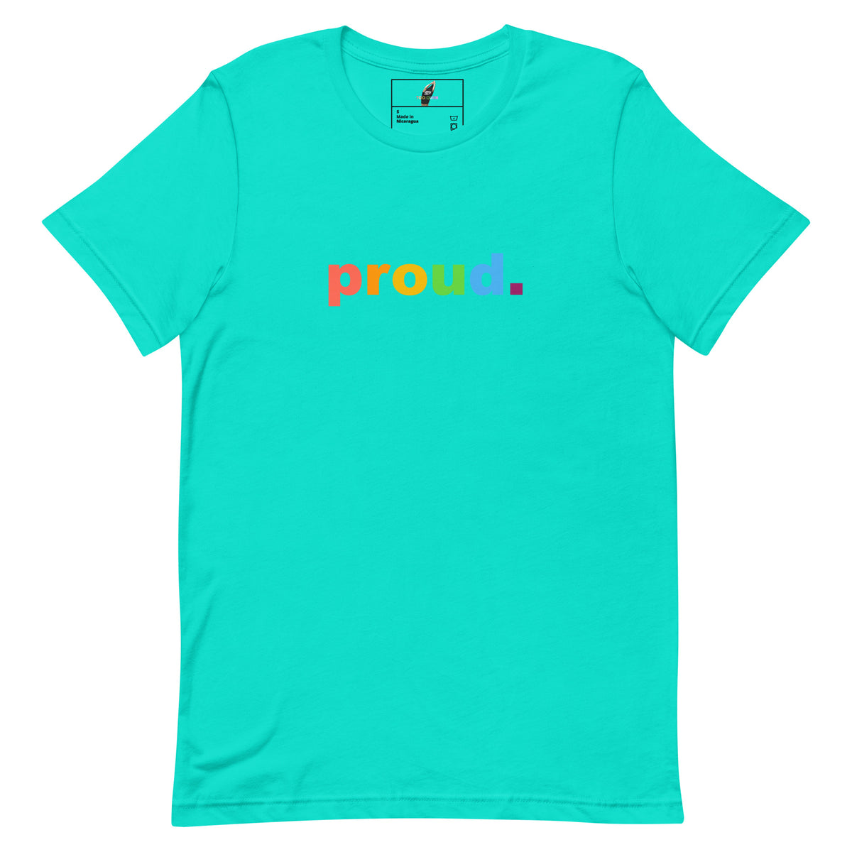 A turquoise short-sleeve crewneck t-shirt featuring the word 'proud.' printed across the chest in a retro rainbow font, displayed on a clean white background.