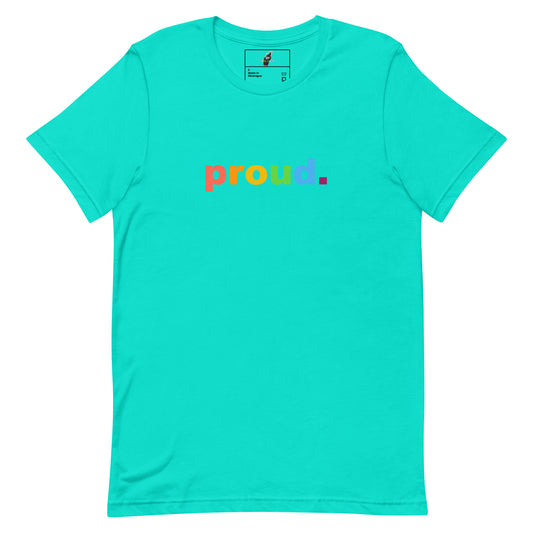 A turquoise short-sleeve crewneck t-shirt featuring the word 'proud.' printed across the chest in a retro rainbow font, displayed on a clean white background.