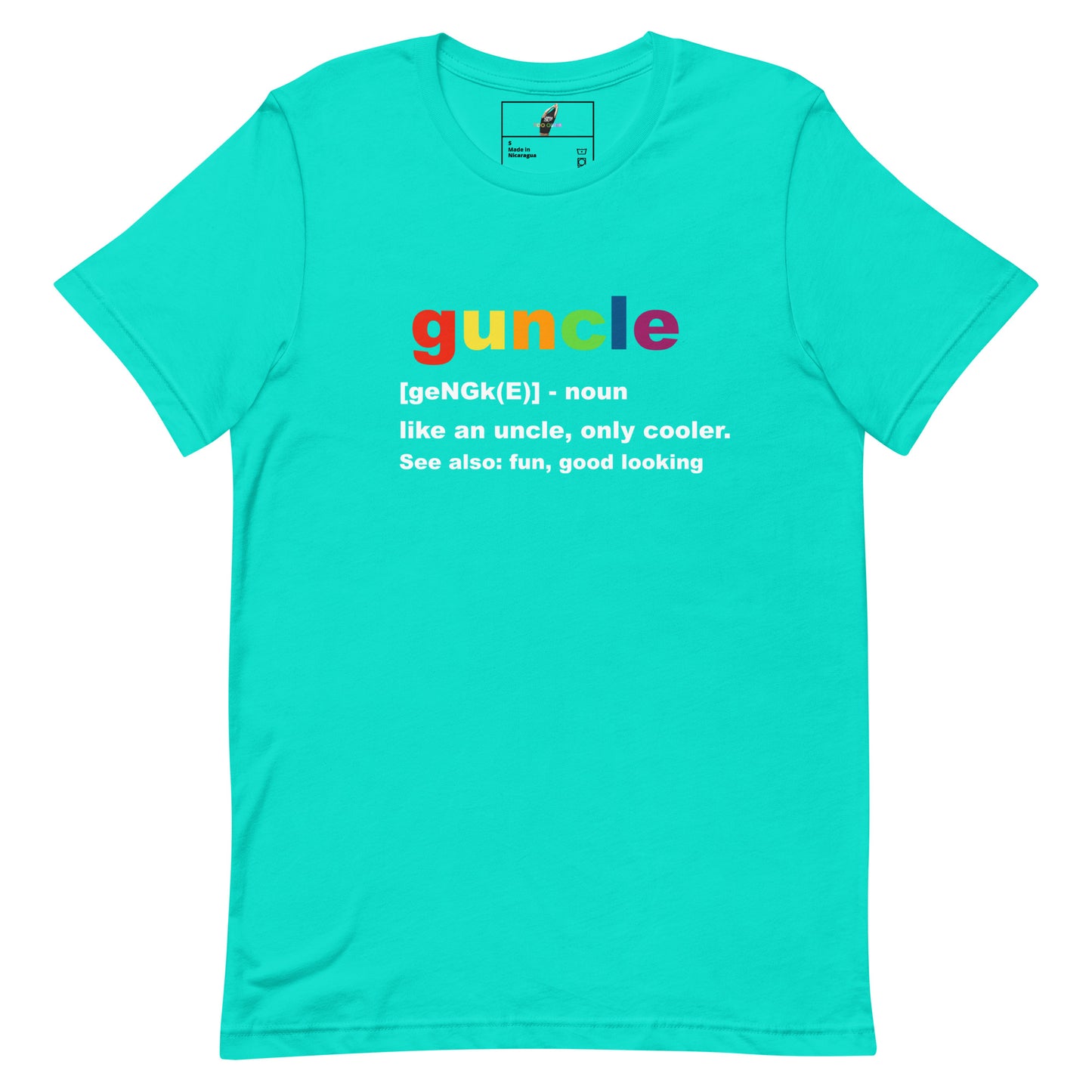 A bright turquoise short-sleeve t-shirt with a colorful graphic on the chest spelling 'uncle' in rainbow letters, followed by a dictionary-style definition in white text.