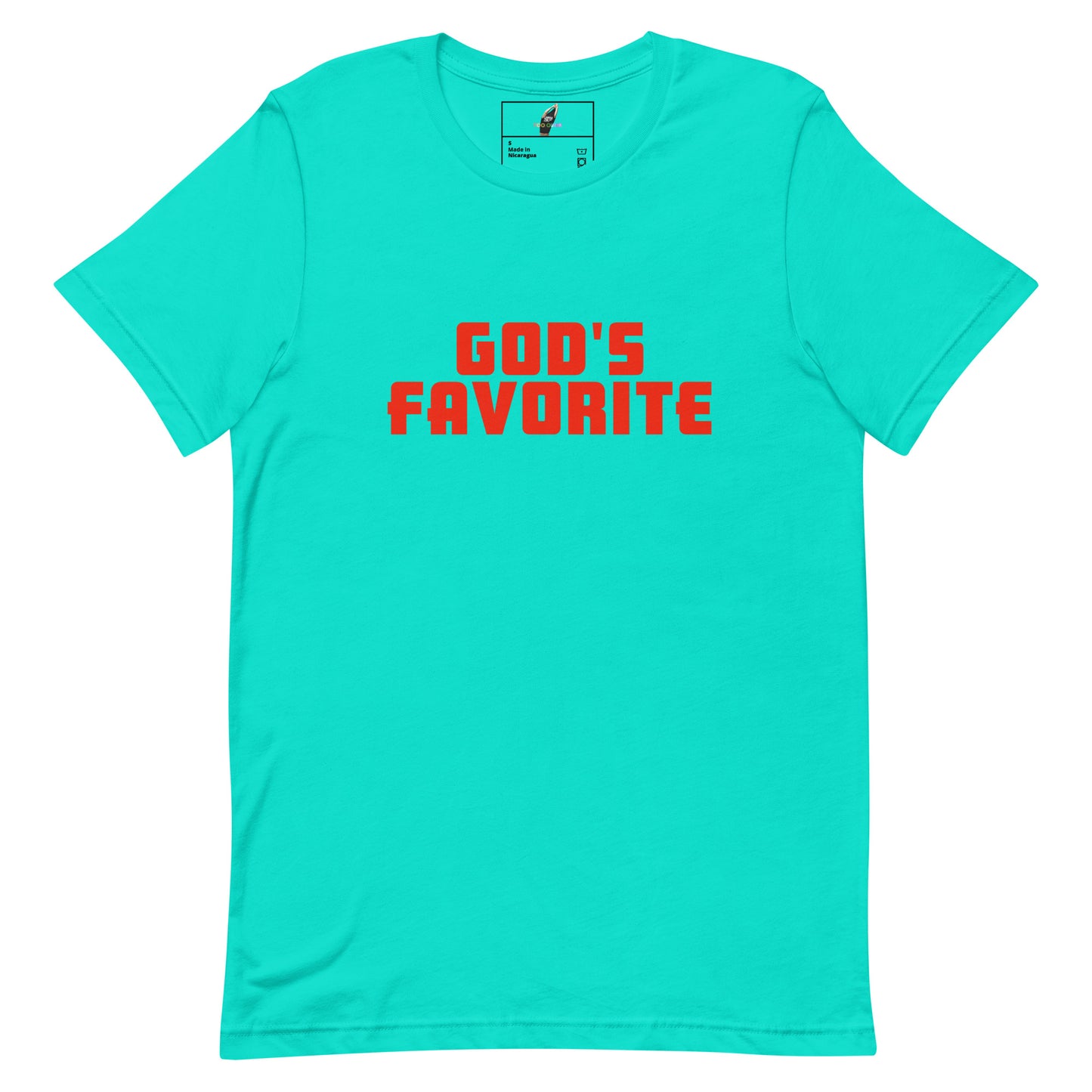A bright turquoise short-sleeve t-shirt with the phrase 'GOD'S FAVORITE' printed across the chest in bold red block letters, displayed on a clean white background.