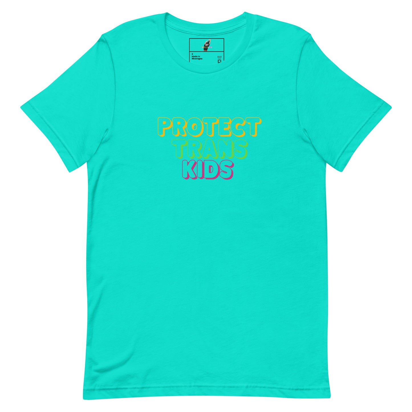 A bright turquoise short-sleeve t-shirt with the text 'PROTECT TRANS KIDS' printed on the chest in yellow, green, and pink gradient lettering, displayed on a clean white background.
