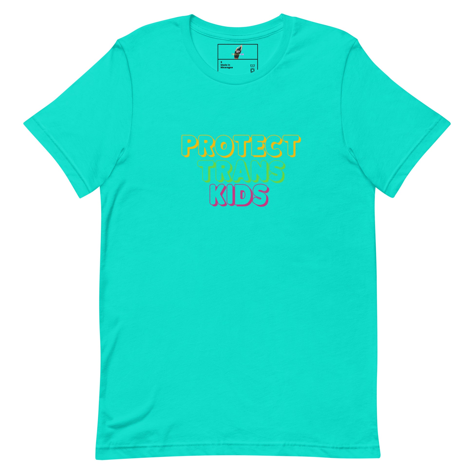 A bright turquoise short-sleeve t-shirt with the text 'PROTECT TRANS KIDS' printed on the chest in yellow, green, and pink gradient lettering, displayed on a clean white background.