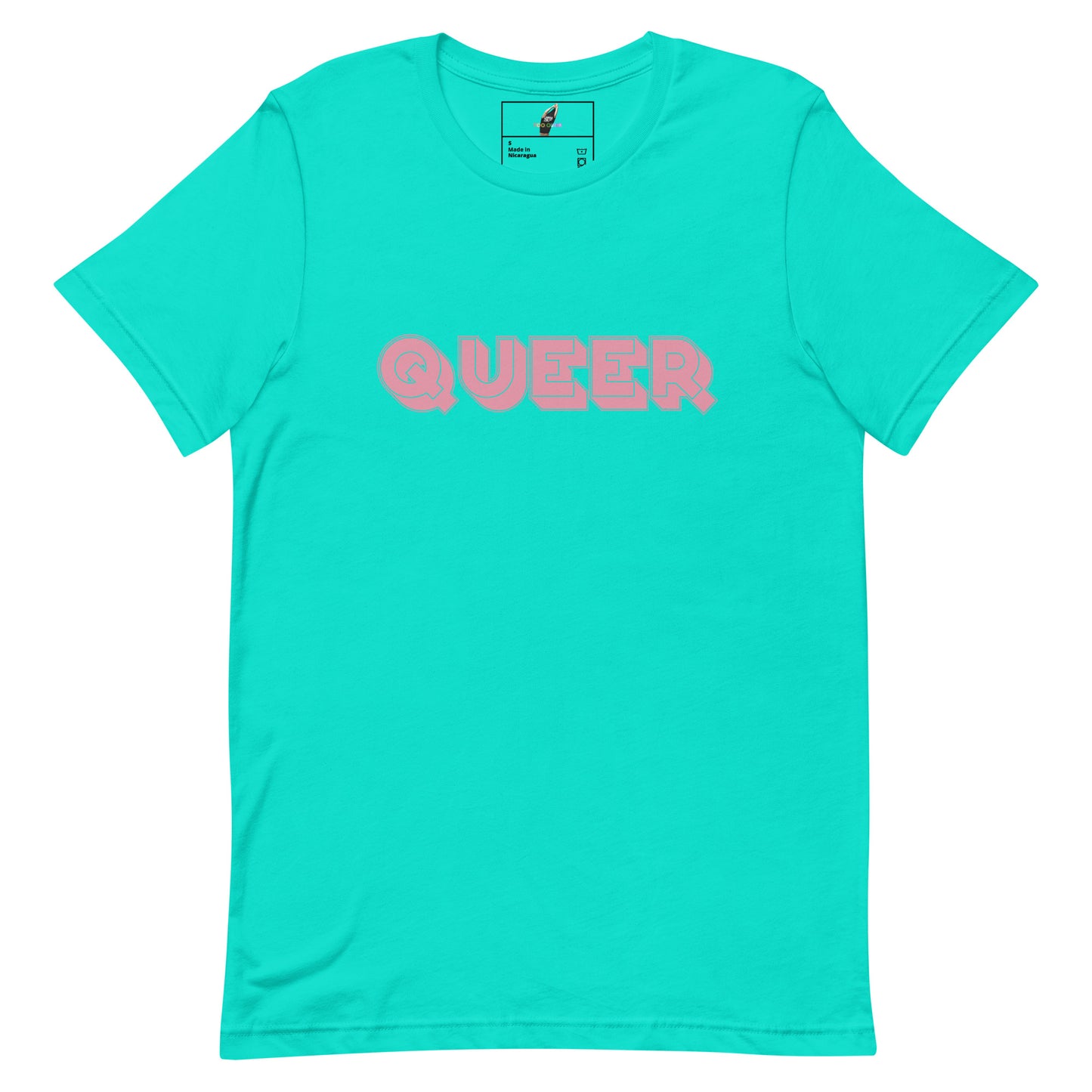 A bright turquoise short-sleeve crewneck t-shirt with the word 'QUEER' printed across the chest in a pink bubbly font, displayed on a clean white background.