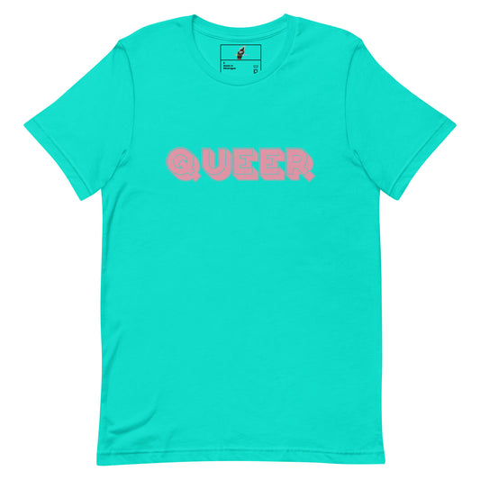 A bright turquoise short-sleeve crewneck t-shirt with the word 'QUEER' printed across the chest in a pink bubbly font, displayed on a clean white background.