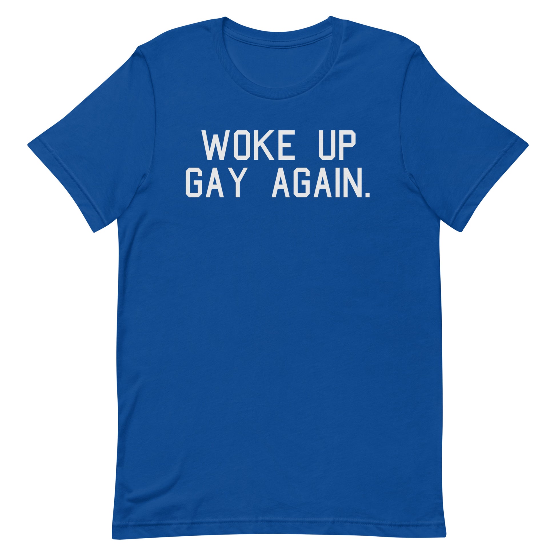A royal blue short-sleeve crewneck t-shirt with the phrase 'WOKE UP GAY AGAIN.' printed in white block letters across the chest, displayed on a solid white background.