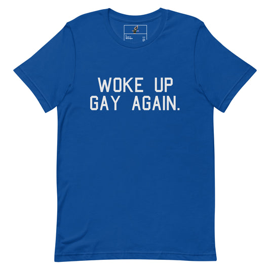 A royal blue short-sleeve t-shirt with the slogan 'WOKE UP GAY AGAIN.' printed in white capital letters across the chest, displayed on a clean white background.