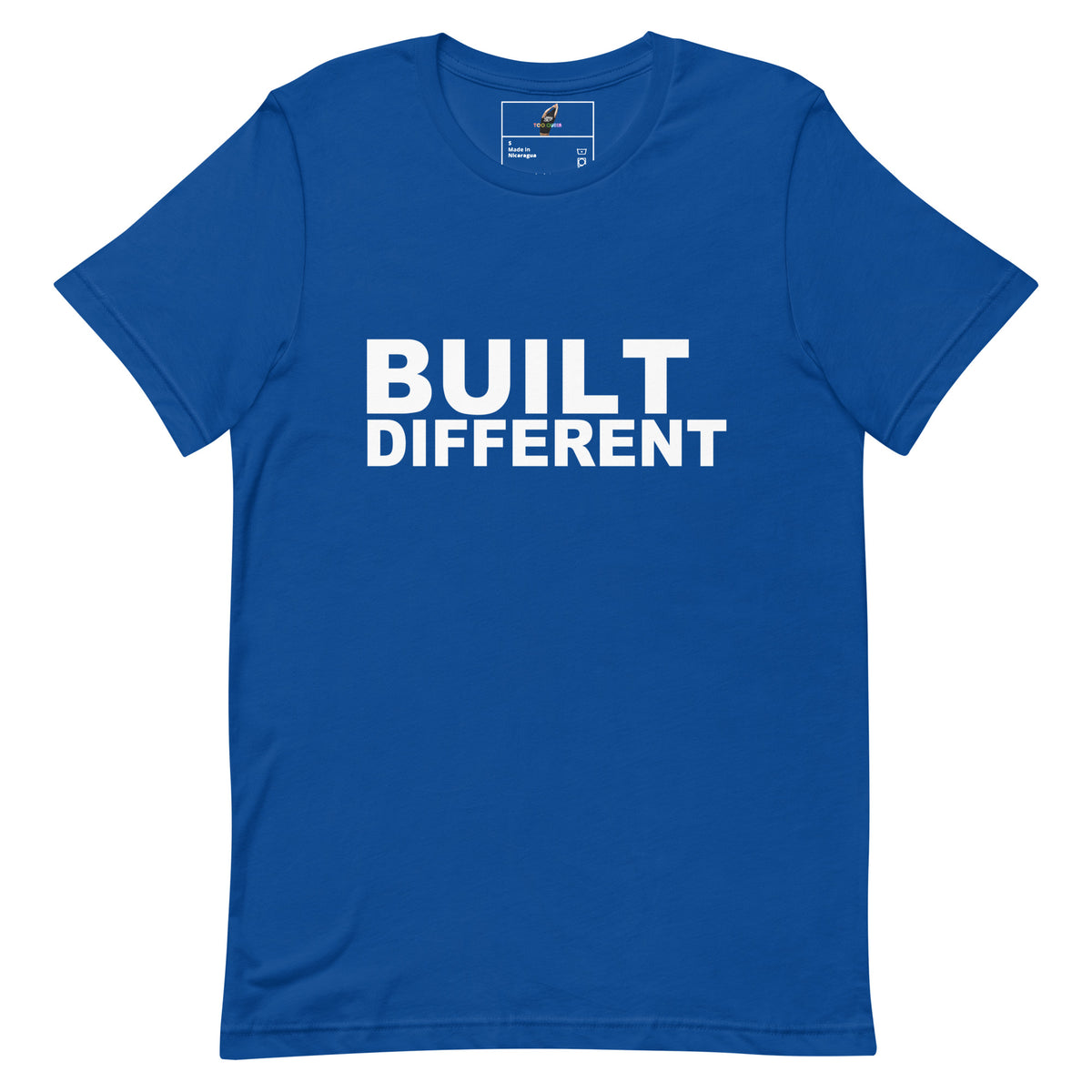 A royal blue short-sleeve crewneck t-shirt with the words 'BUILT DIFFERENT' printed in bold white capital letters across the chest, displayed on a solid white background.