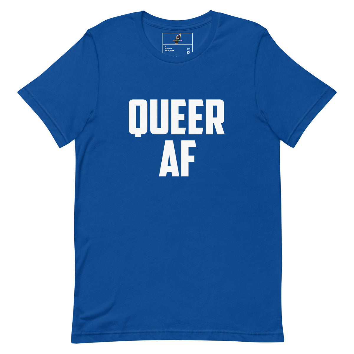 A royal blue short-sleeve t-shirt with the words 'QUEER AF' printed in bold white capital letters across the chest, displayed flat against a plain white background.