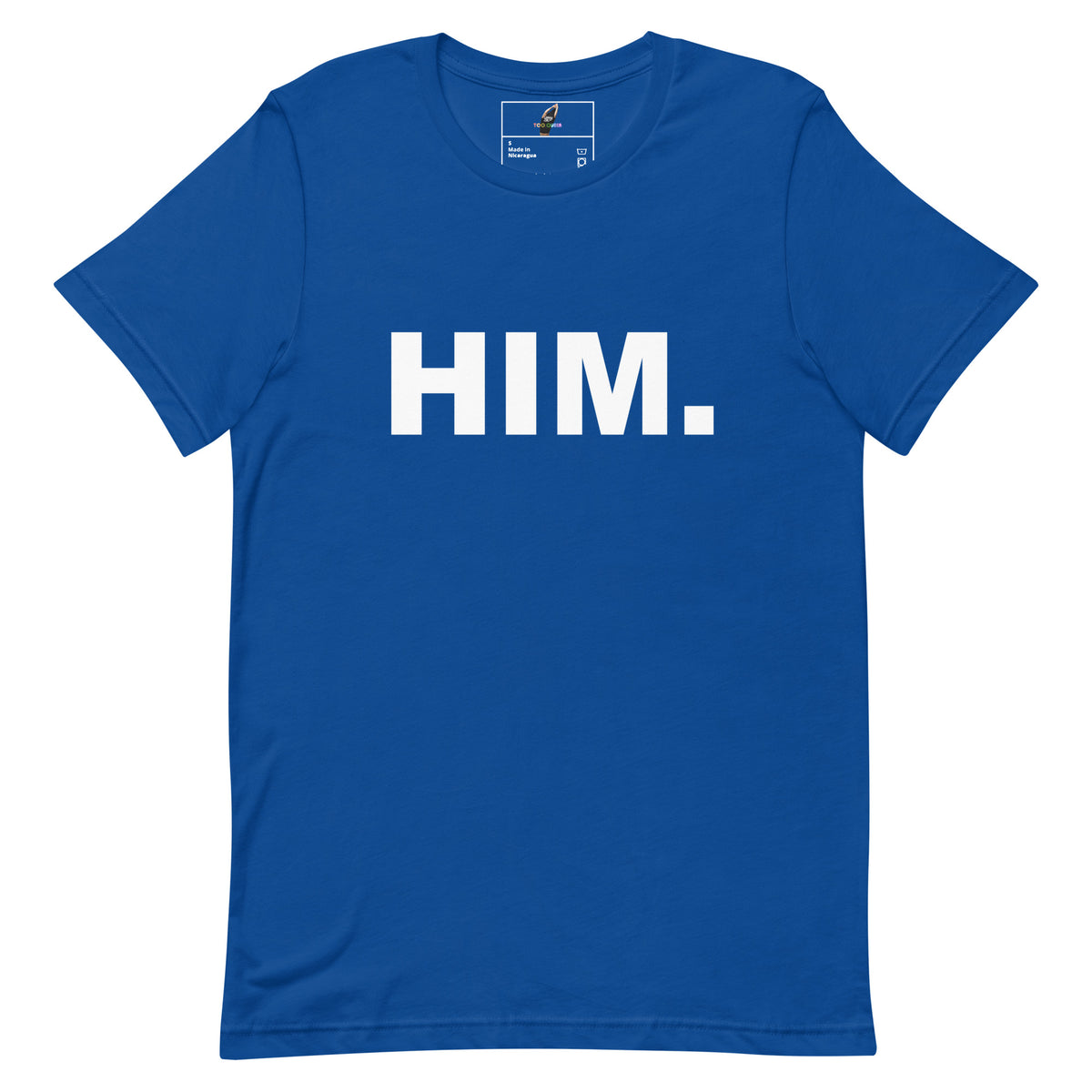 A royal blue short-sleeve t-shirt with the word 'HIM.' printed in bold white capital letters across the chest, shown flat against a plain white background.