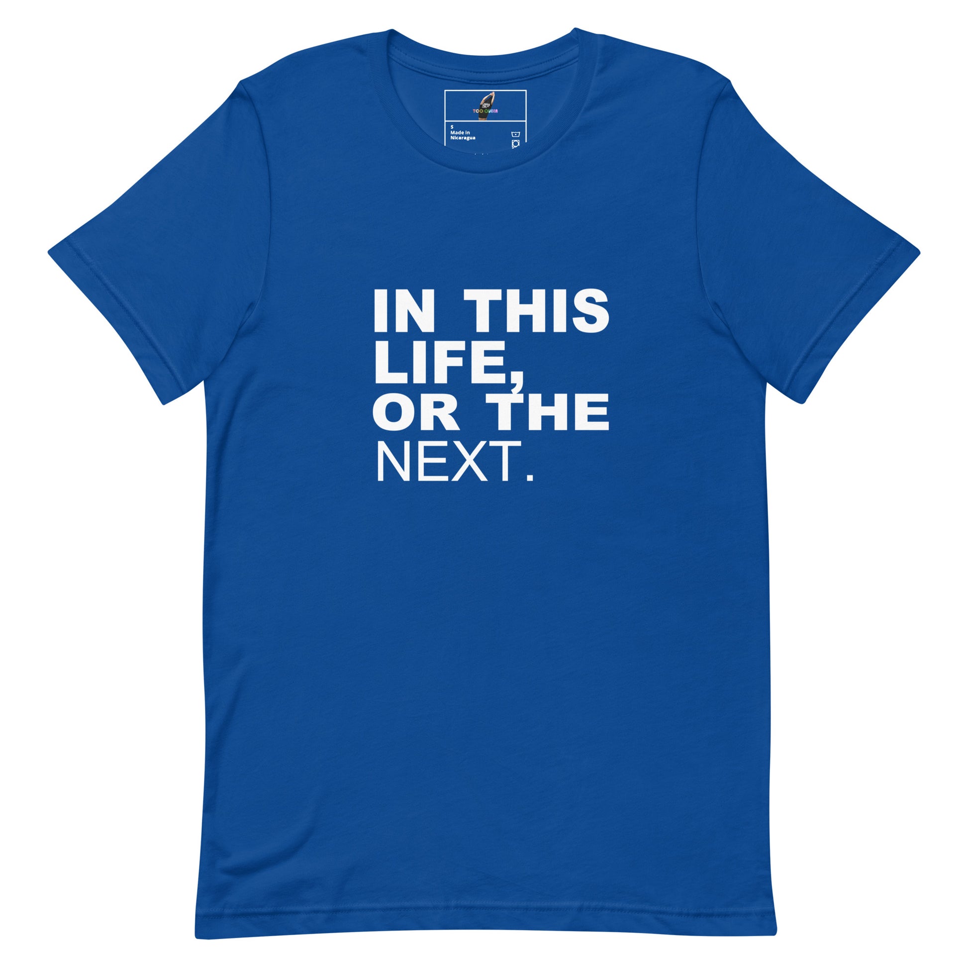 A royal blue short-sleeve crewneck t-shirt with the phrase 'IN THIS LIFE, OR THE NEXT.' printed in bold white capital letters on the chest, displayed on a clean white background.