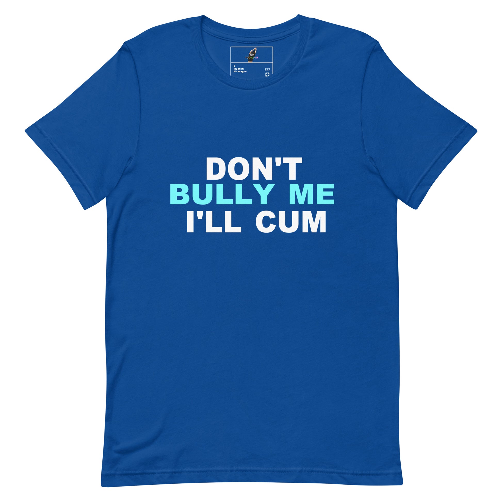 A royal blue short-sleeve t-shirt with a bold graphic text print on the chest reading 'DON'T BULLY ME I'LL CUM' in white and light blue lettering, displayed flat against a solid white background.