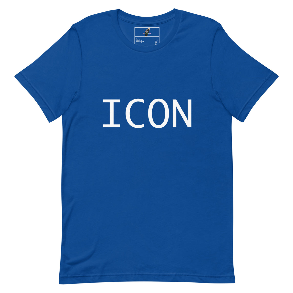 A royal blue short-sleeve t-shirt with the word 'ICON' printed in bold white capital letters across the chest, displayed flat against a solid white background.