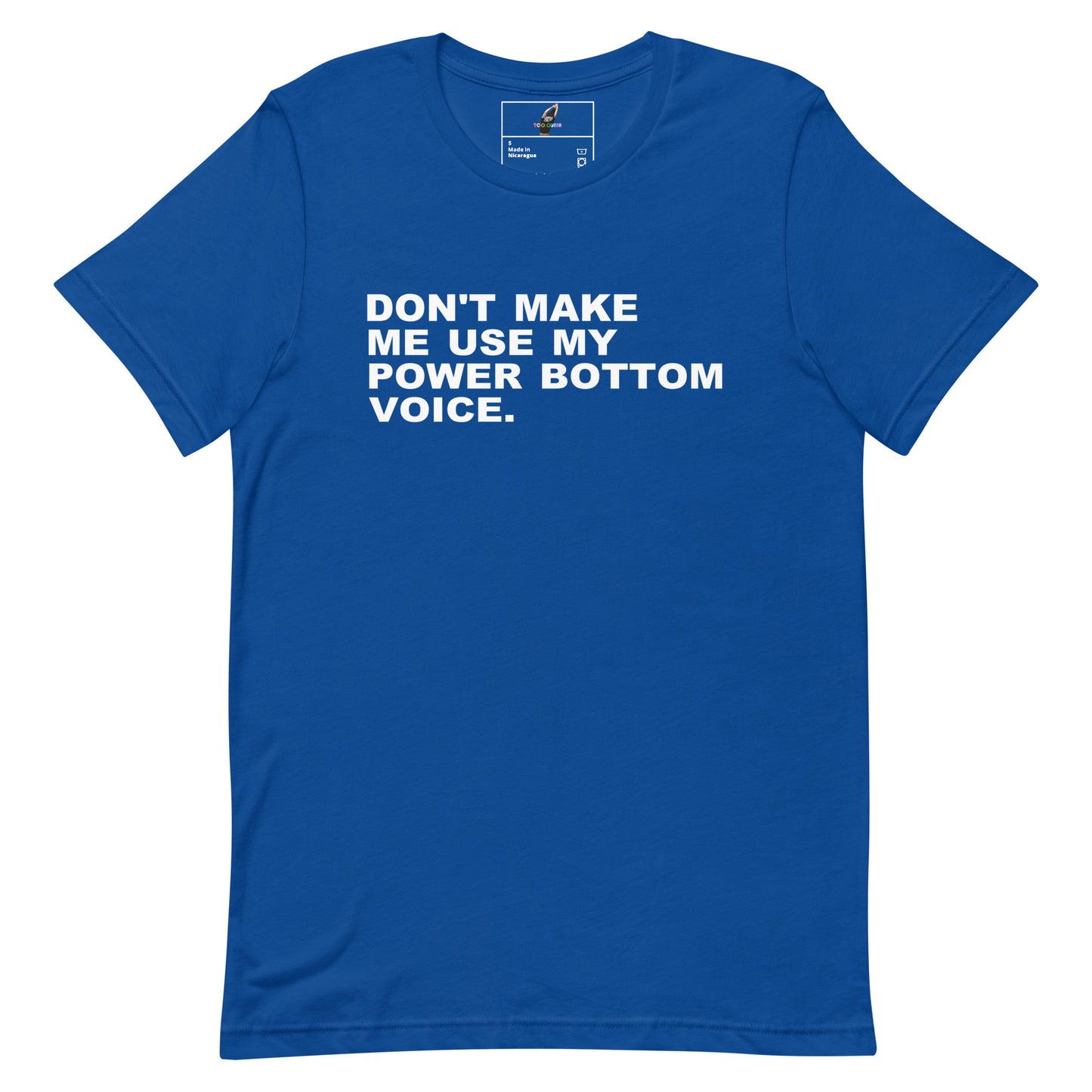 Blue t-shirt with white text and graphic on a white background
