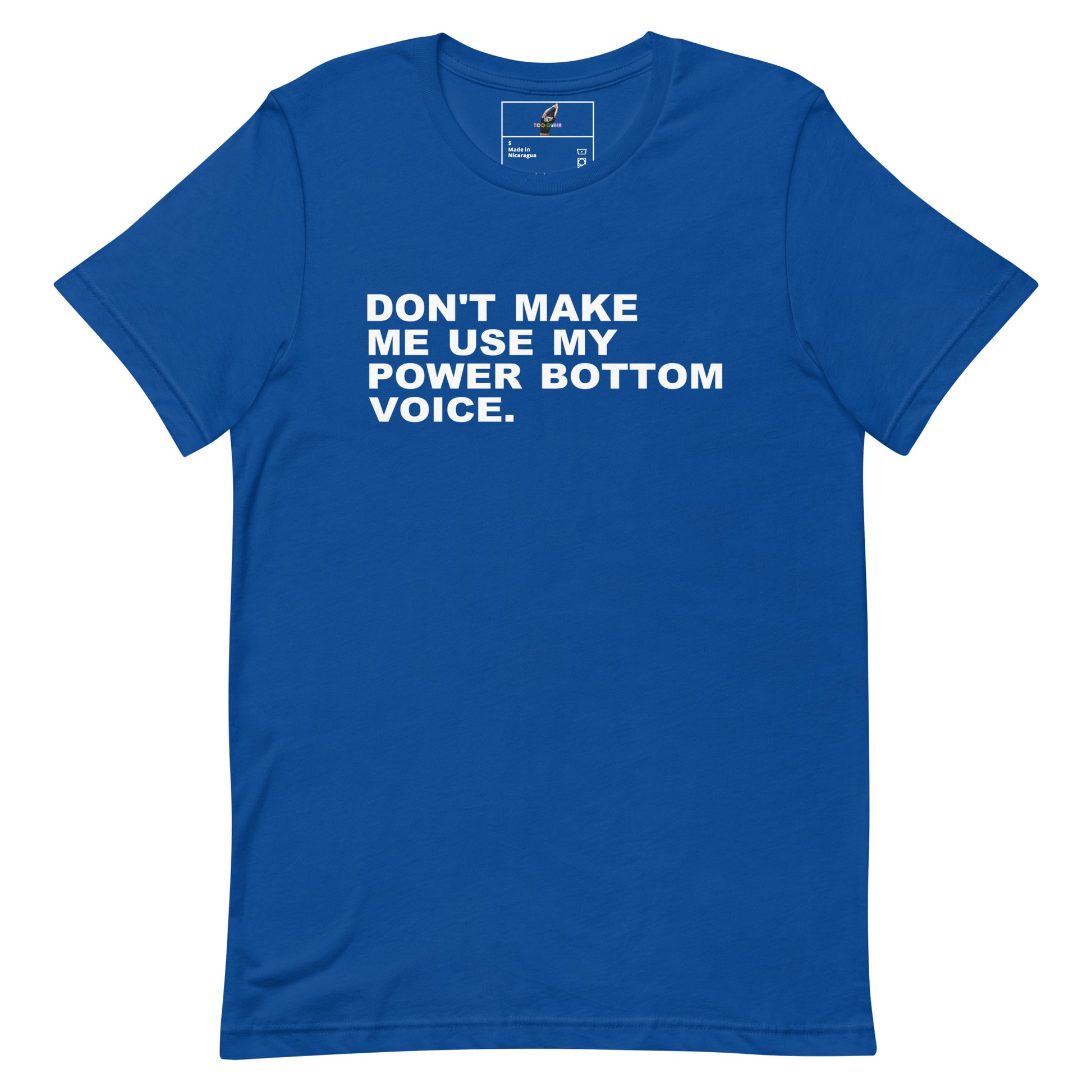 Blue t-shirt with white text and graphic on a white background