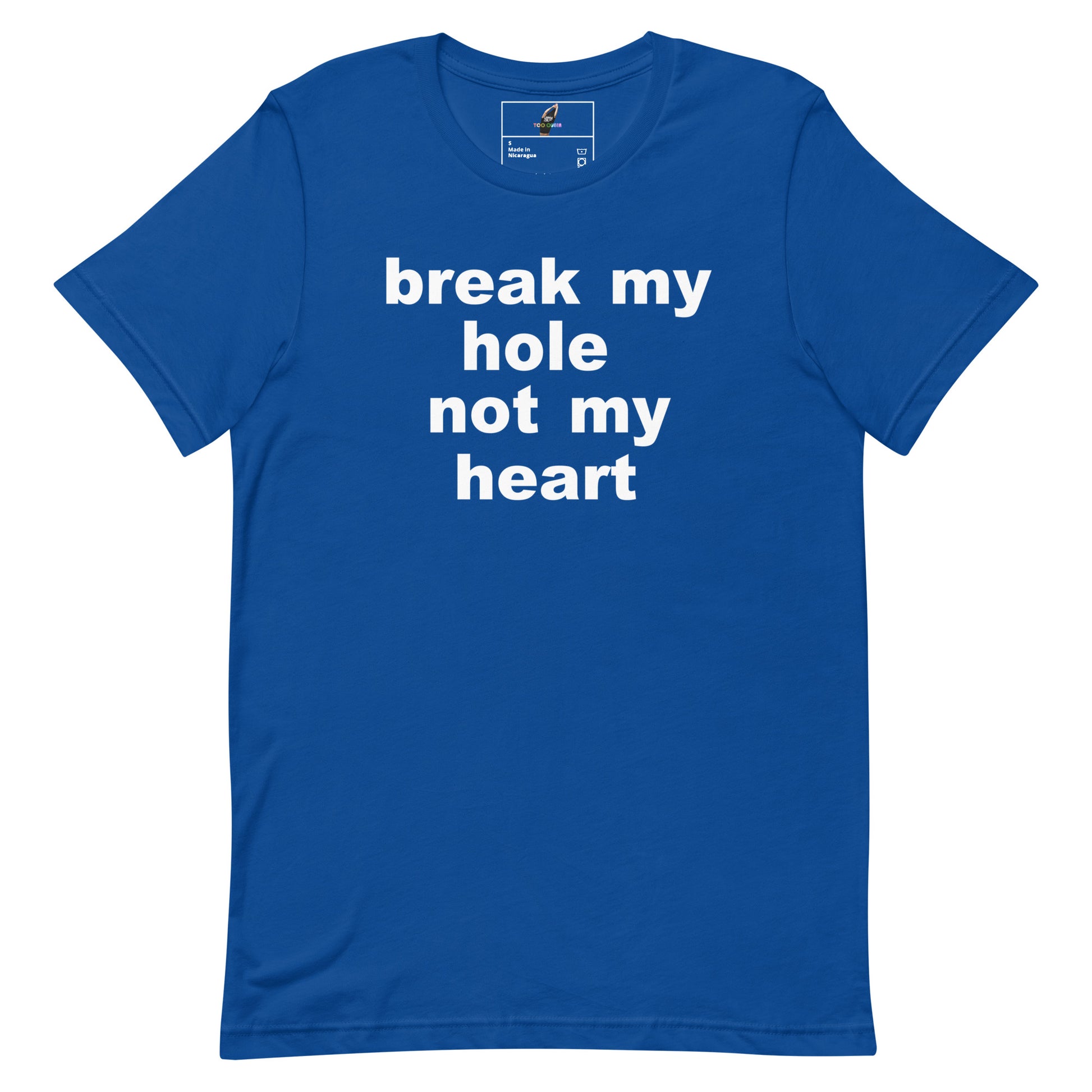 A royal blue short-sleeve t-shirt with the phrase 'break my hole not my heart' printed in bold white lowercase letters across the chest, displayed flat against a solid white background.