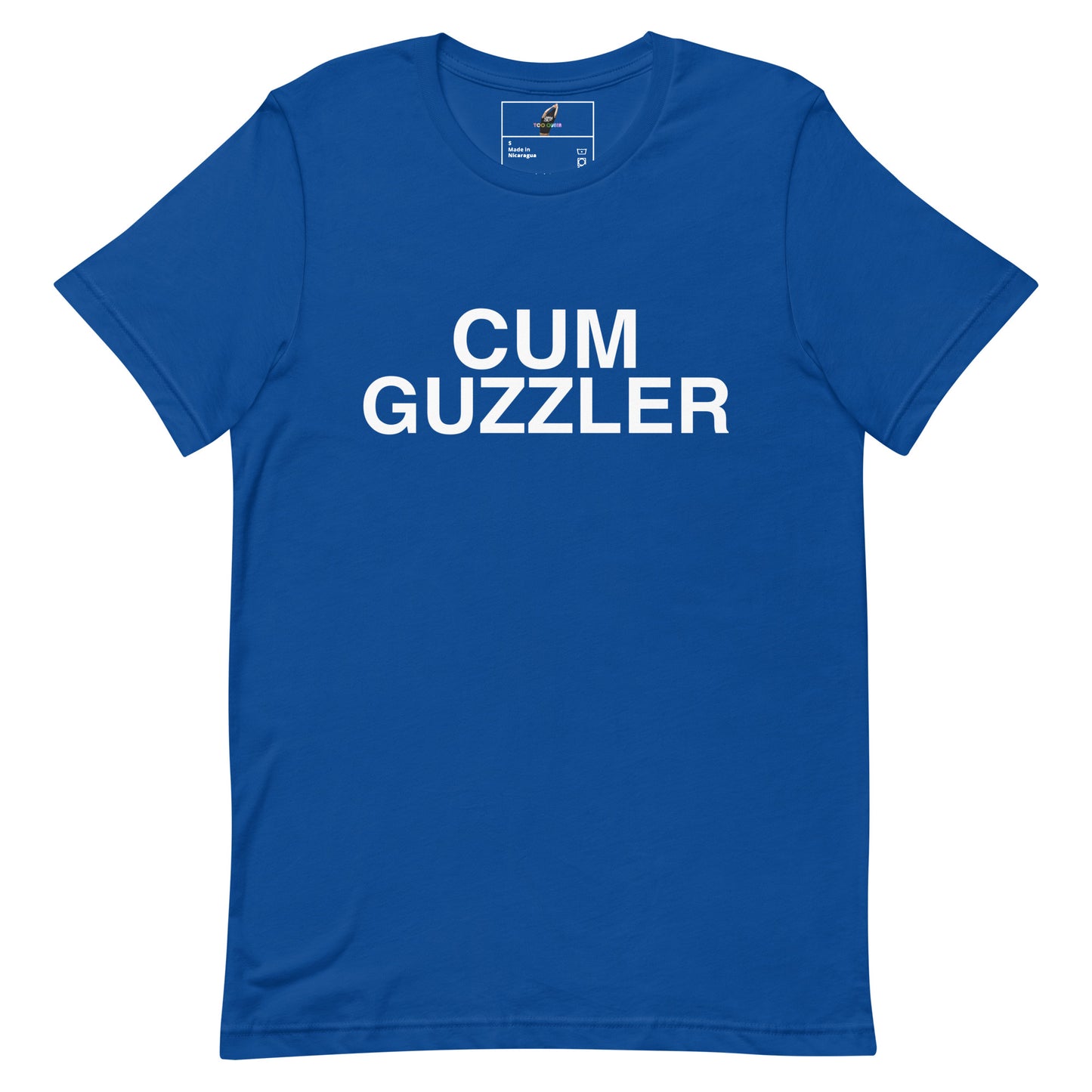 A royal blue short-sleeve t-shirt with the words 'CUM GUZZLER' printed in bold white capital letters across the chest, displayed on a clean white background.
