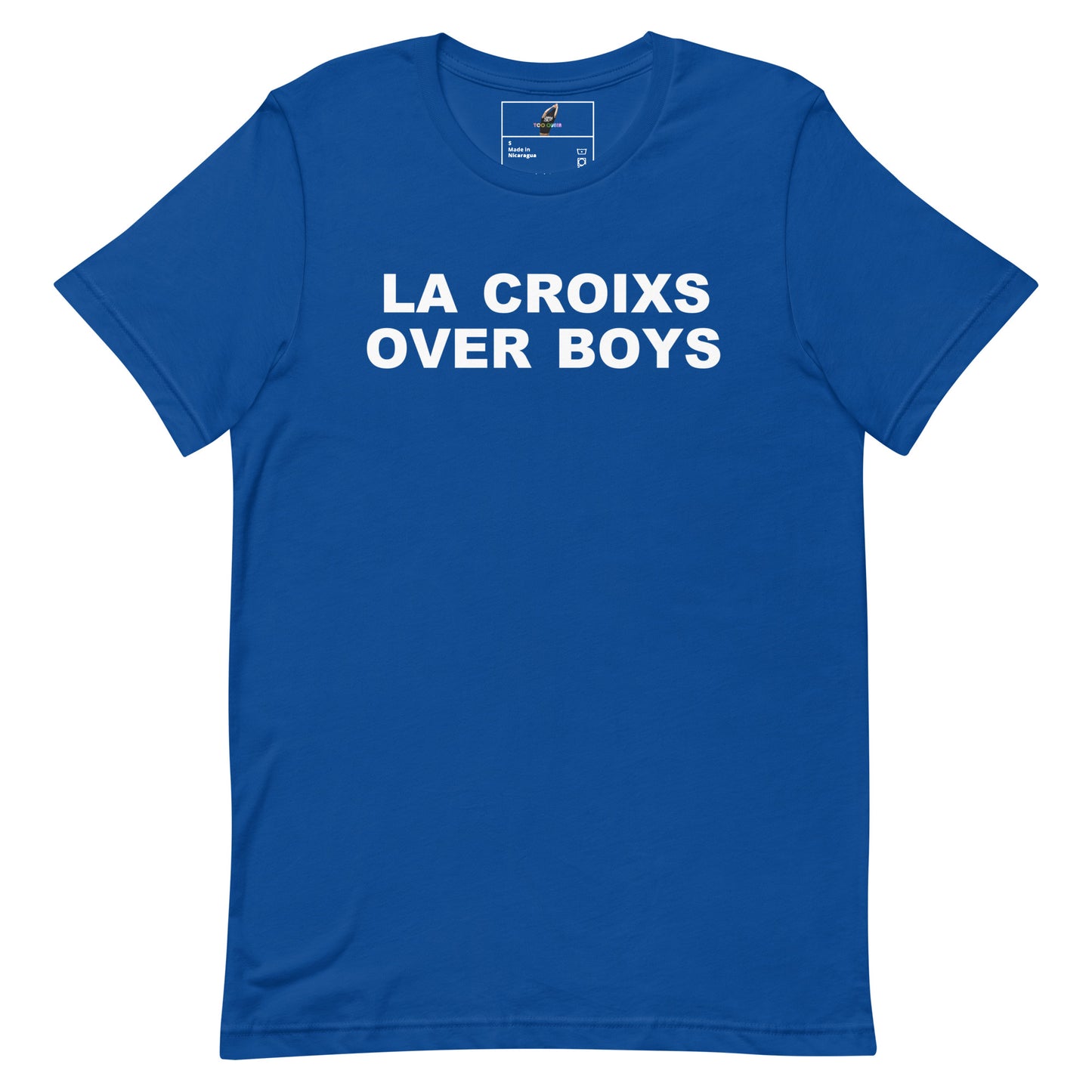 A royal blue short-sleeve t-shirt with the phrase 'LA CROIXS OVER BOYS' printed in bold white capital letters across the chest, displayed flat against a solid white background.