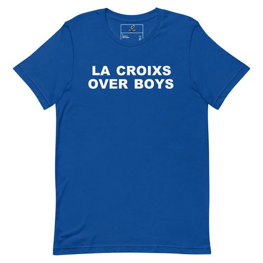 A royal blue short-sleeve t-shirt with the phrase 'LA CROIXS OVER BOYS' printed in bold white capital letters across the chest, displayed flat against a solid white background.