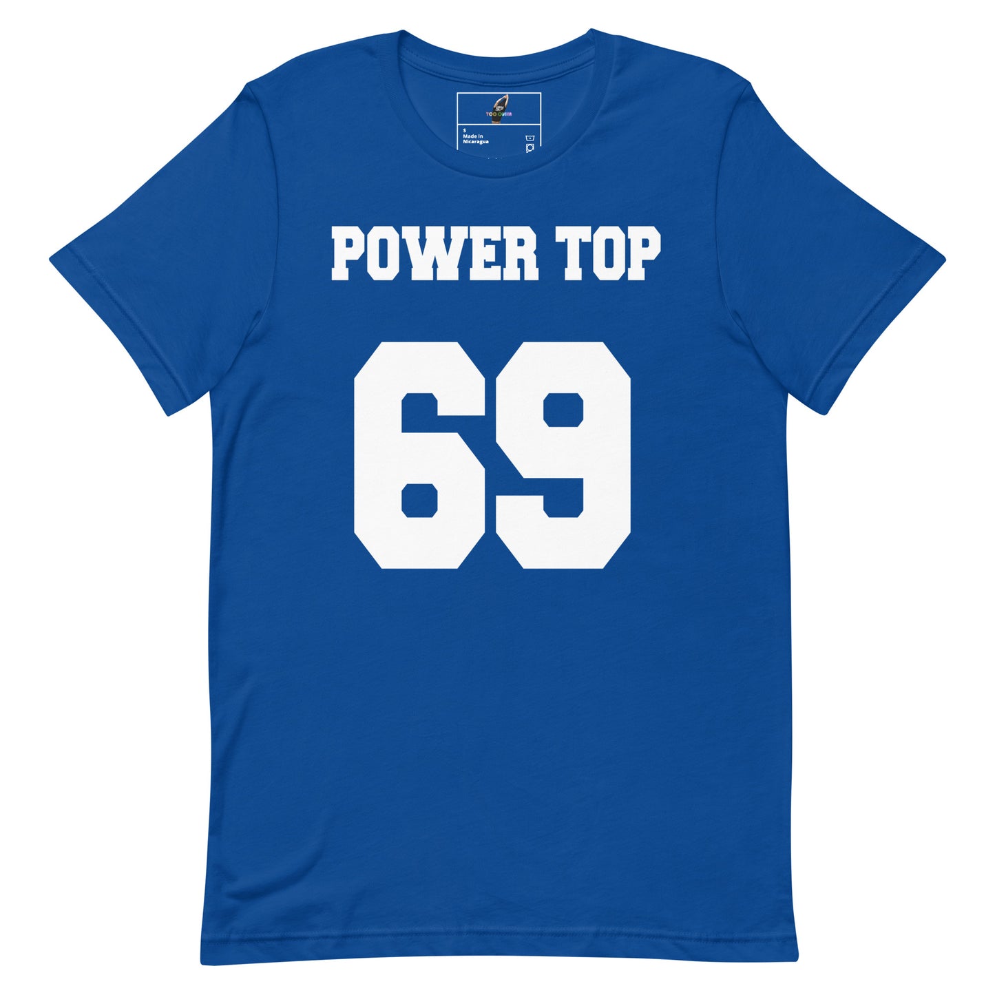 A royal blue short-sleeve t-shirt with 'POWER TOP' and the number '69' printed in bold white block letters on the front, displayed against a solid white background.