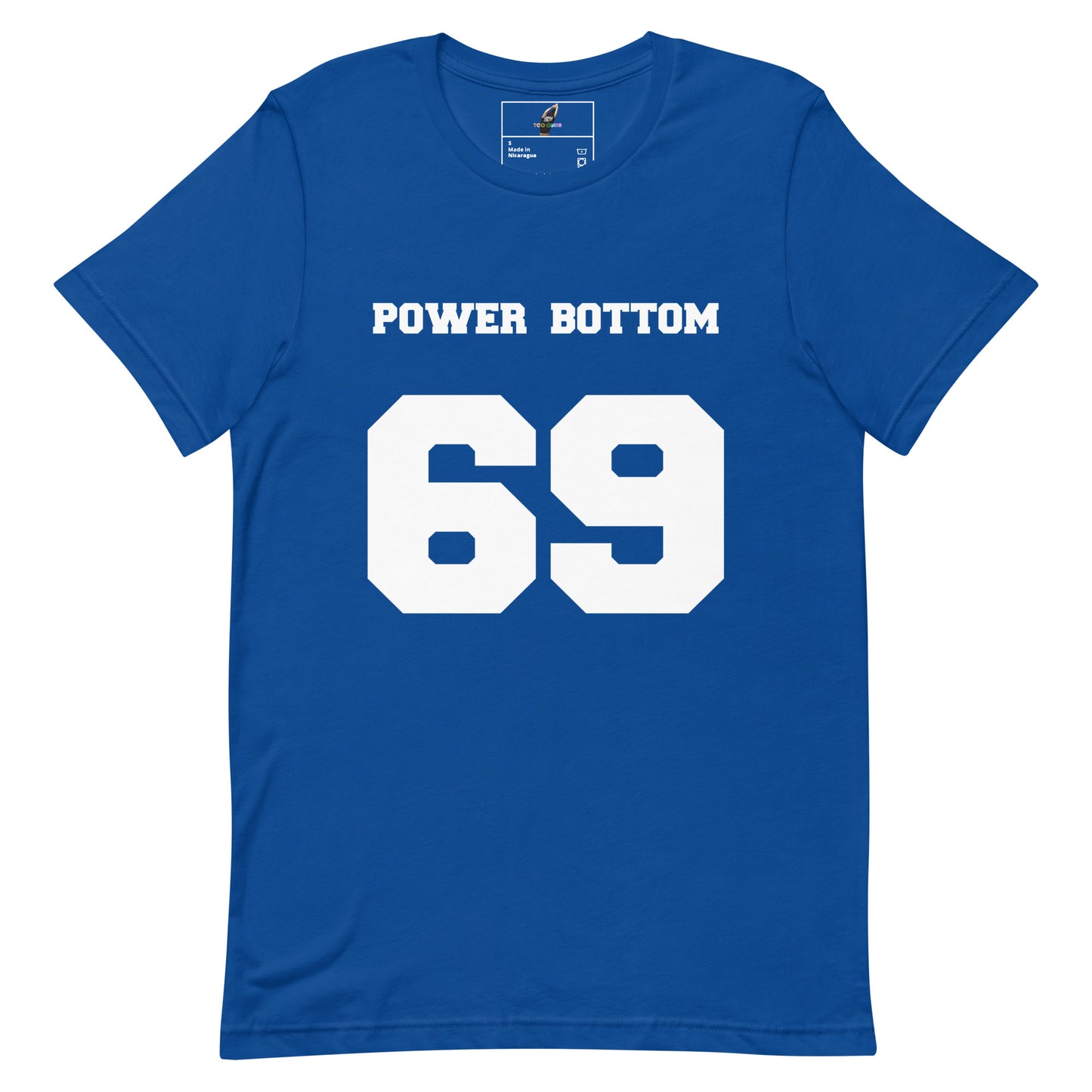A royal blue short-sleeve t-shirt with 'POWER BOTTOM' printed in white block letters above the large white number '69' on the front, shown on a plain white background.