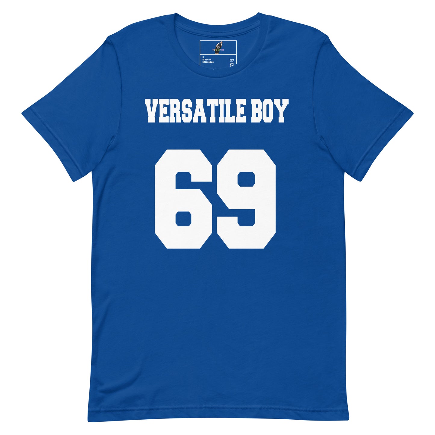 A royal blue short-sleeve t-shirt with 'VERSATILE BOY' and the number '69' printed in bold white block letters on the front, displayed against a solid white background.