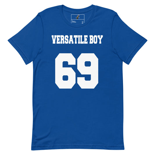A royal blue short-sleeve t-shirt with 'VERSATILE BOY' and the number '69' printed in bold white block letters on the front, displayed against a solid white background.