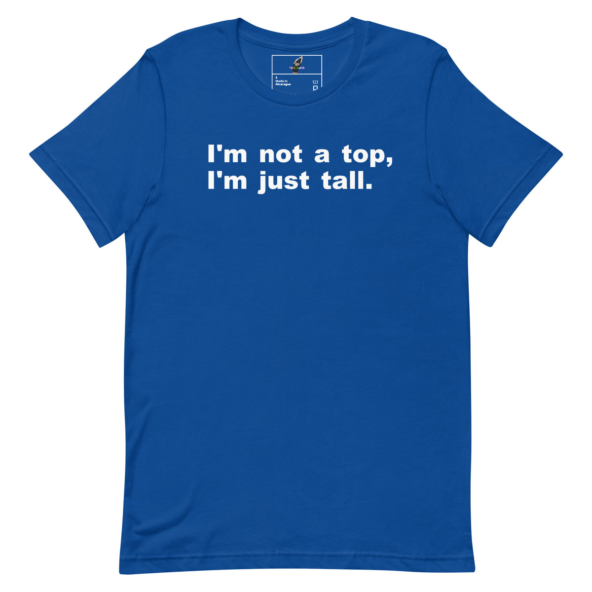 Blue t-shirt with white text and graphics on a white background