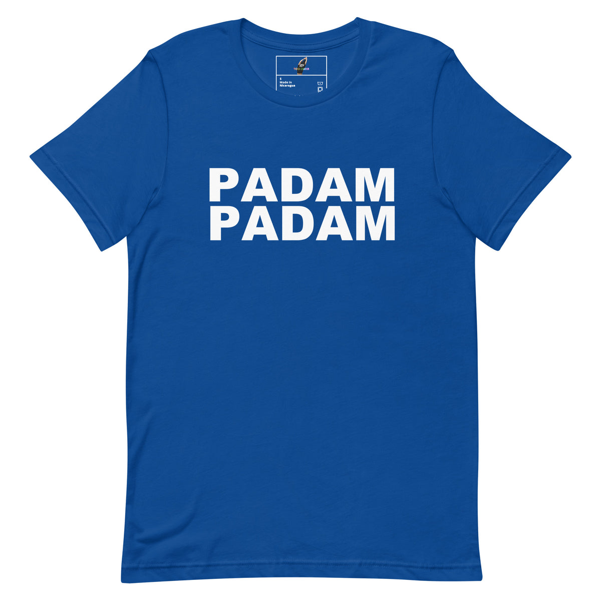 A royal blue short-sleeve t-shirt with 'PADAM PADAM' printed in bold white capital letters across the chest, displayed flat against a solid white background.