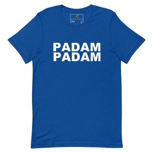 A royal blue short-sleeve t-shirt with 'PADAM PADAM' printed in bold white capital letters across the chest, displayed flat against a solid white background.