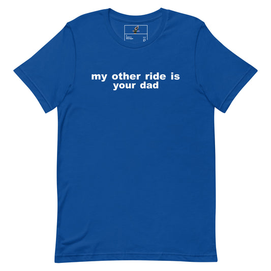 Blue t-shirt with white text on a white background