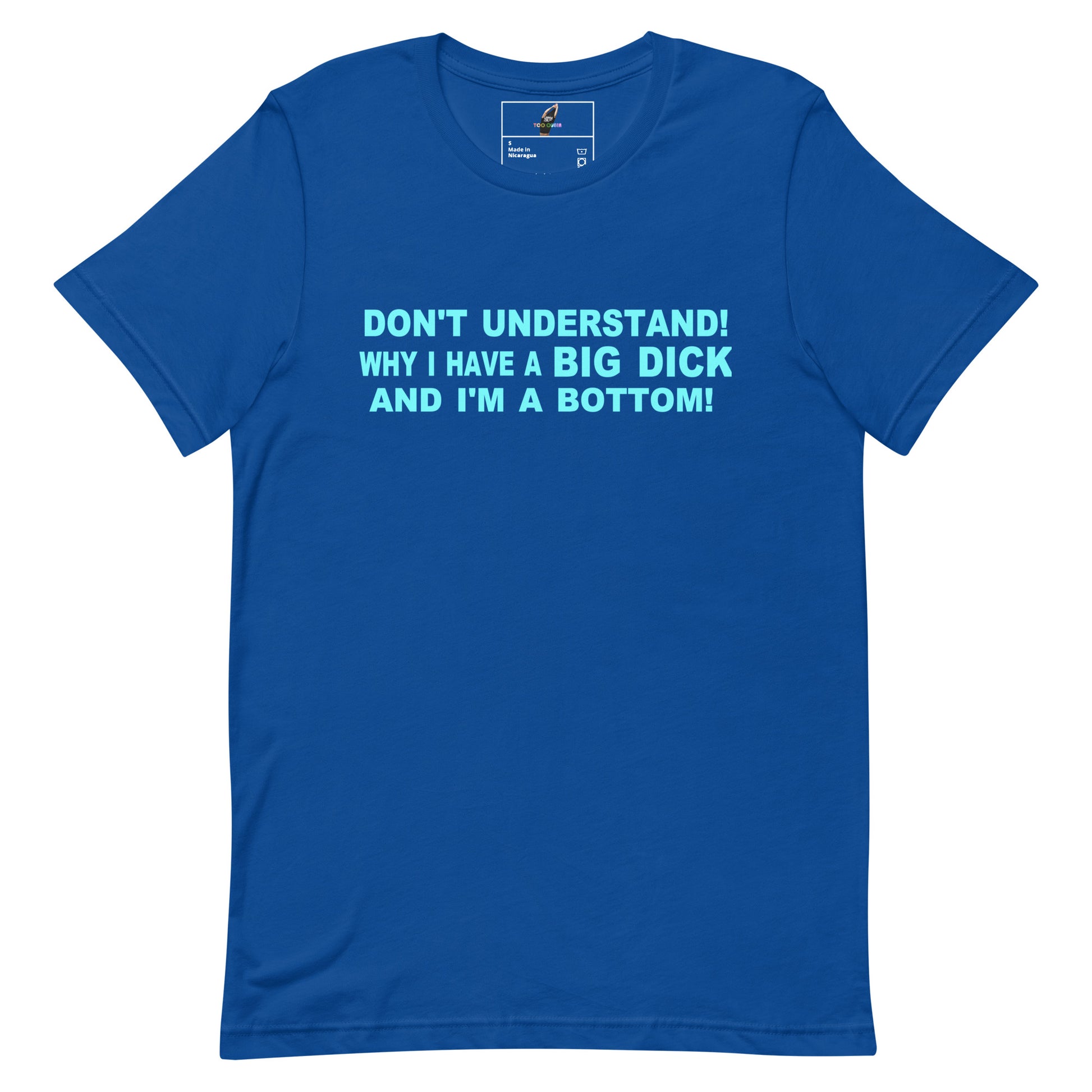 A royal blue short-sleeve crewneck t-shirt with bold light blue text on the chest that reads 'DON'T UNDERSTAND! WHY I HAVE A BIG DICK AND I'M A BOTTOM!'. The shirt is displayed flat against a solid white background.