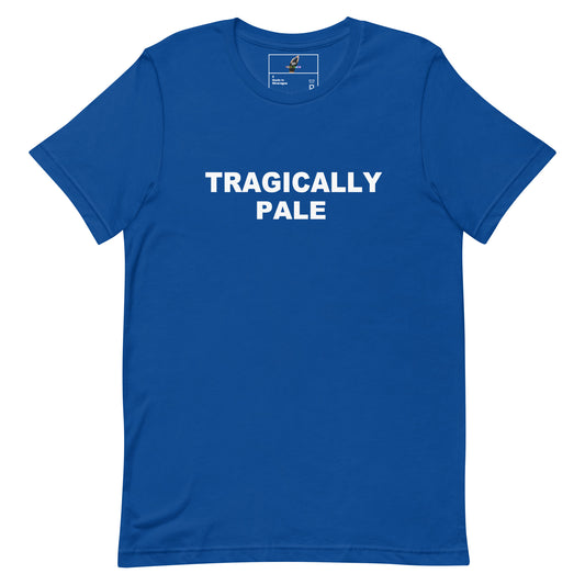 A royal blue short-sleeve crewneck t-shirt with the words 'TRAGICALLY PALE' printed in bold white capital letters across the chest, displayed on a clean white background.