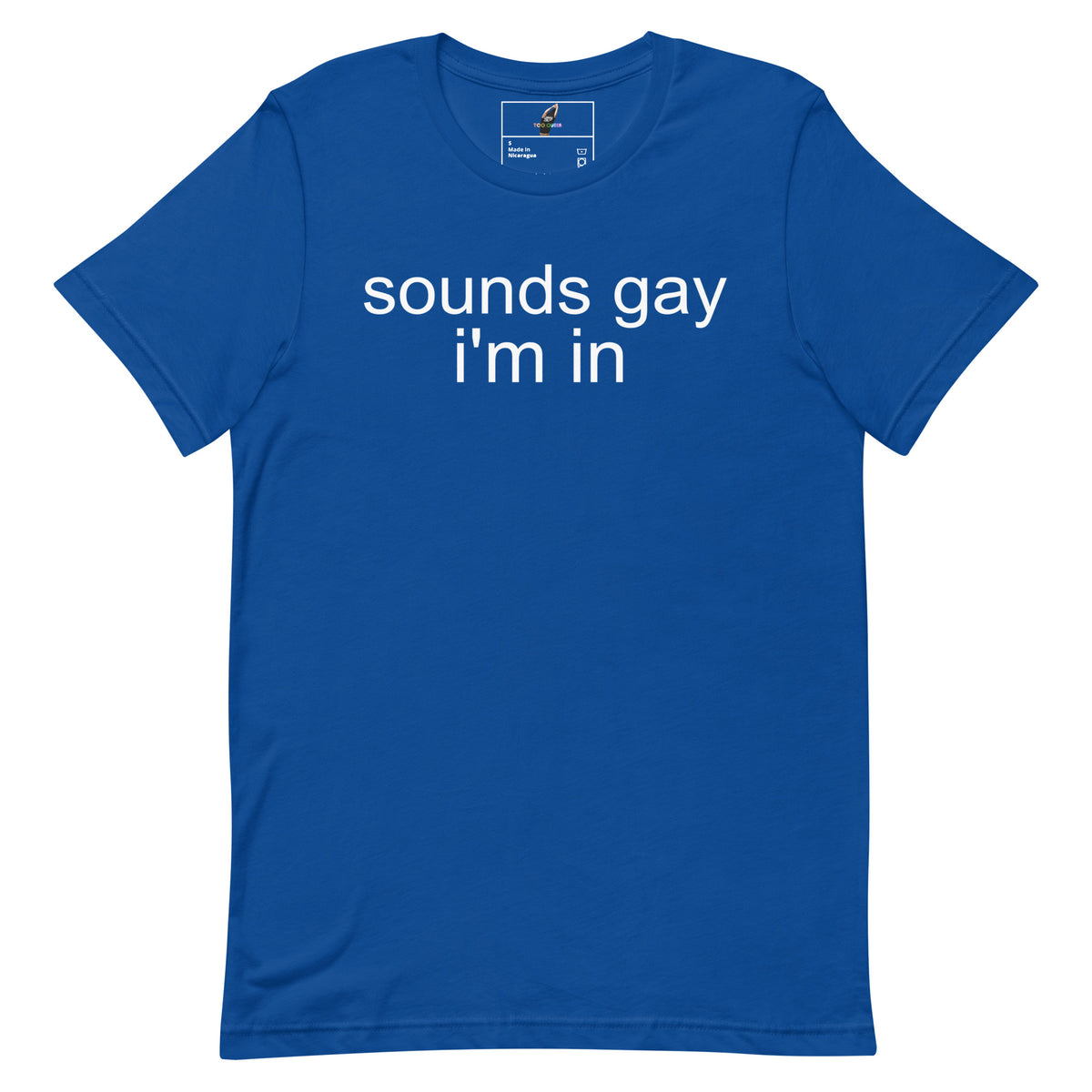Blue t-shirt with white text and graphics on a white background