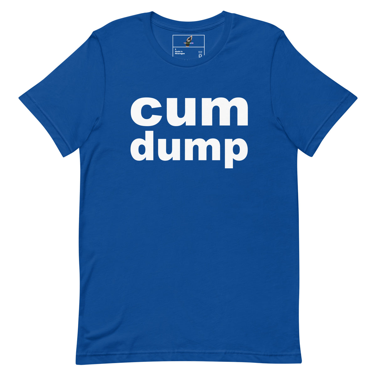 A royal blue short-sleeve t-shirt with the words 'cum dump' printed in bold white lowercase letters across the chest, displayed flat against a solid white background.