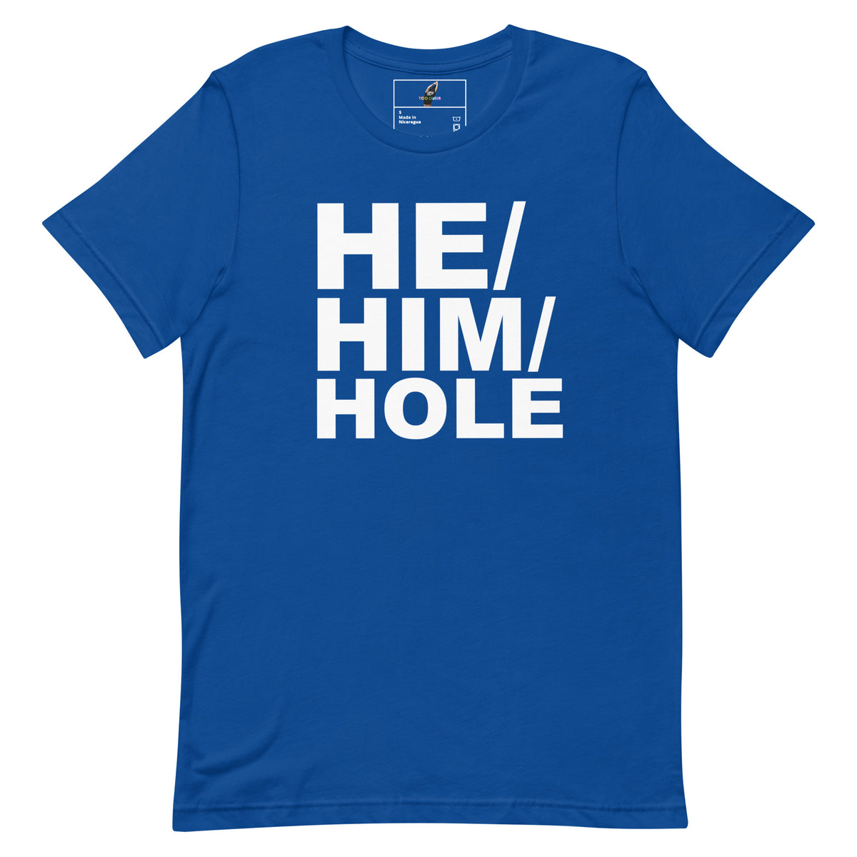 A royal blue short-sleeve t-shirt with the phrase 'HE/HIM/HOLE' printed in large, bold white block letters across the chest, displayed on a clean white background.