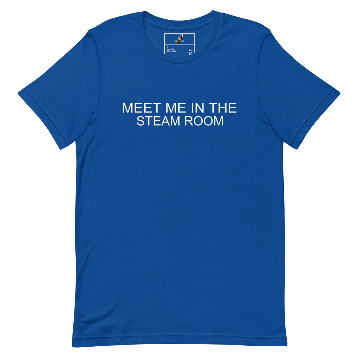 Blue t-shirt with 'Ask Me About My Dog' text on a white background