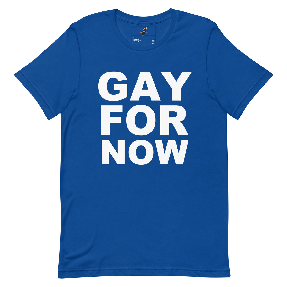 A royal blue short-sleeve t-shirt with the words 'GAY FOR NOW' printed in large, bold white capital letters on the front, displayed against a solid white background.