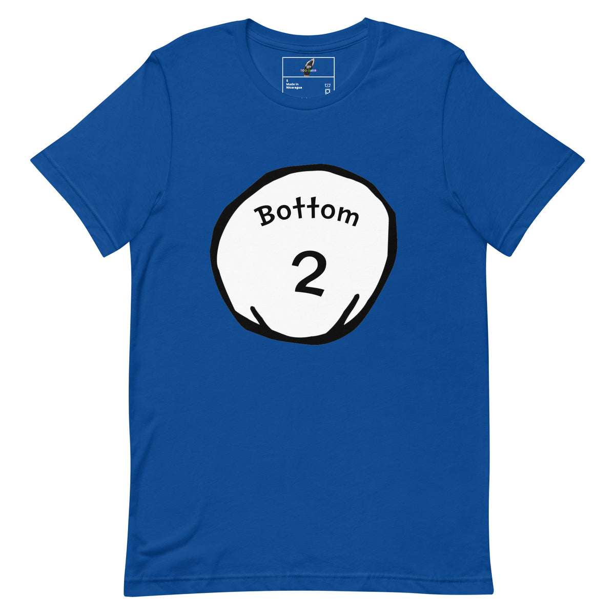 A royal blue short-sleeve t-shirt with a white circular graphic on the chest containing the text 'Bottom 2' in black.