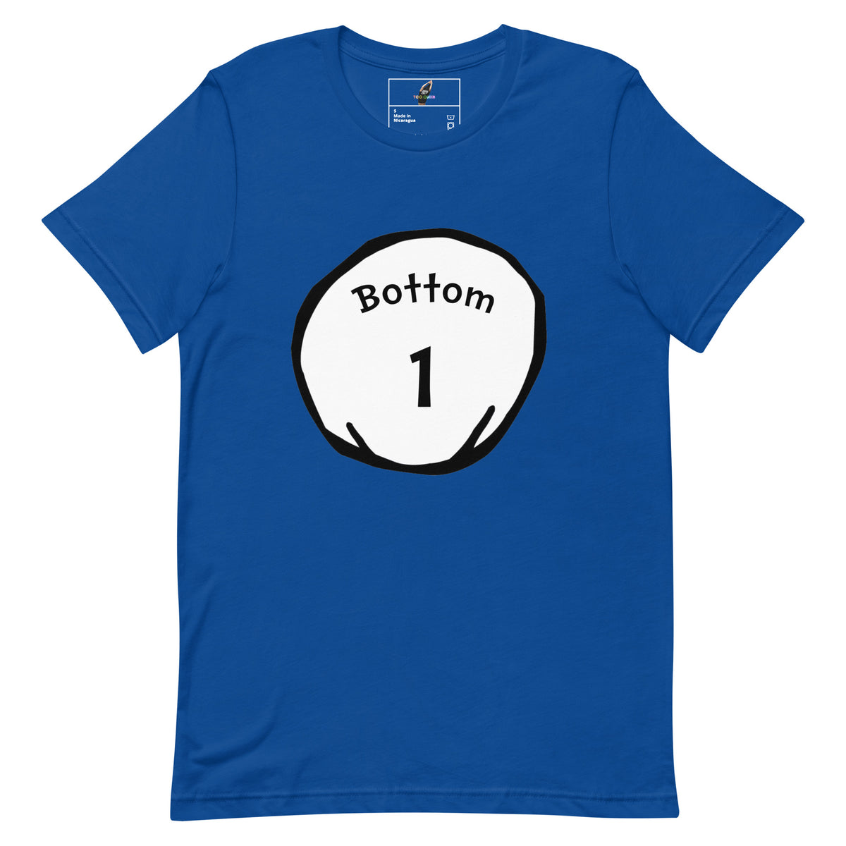 A royal blue short-sleeve t-shirt with a white circular graphic on the chest containing the text 'Bottom' and the number '1' in black.