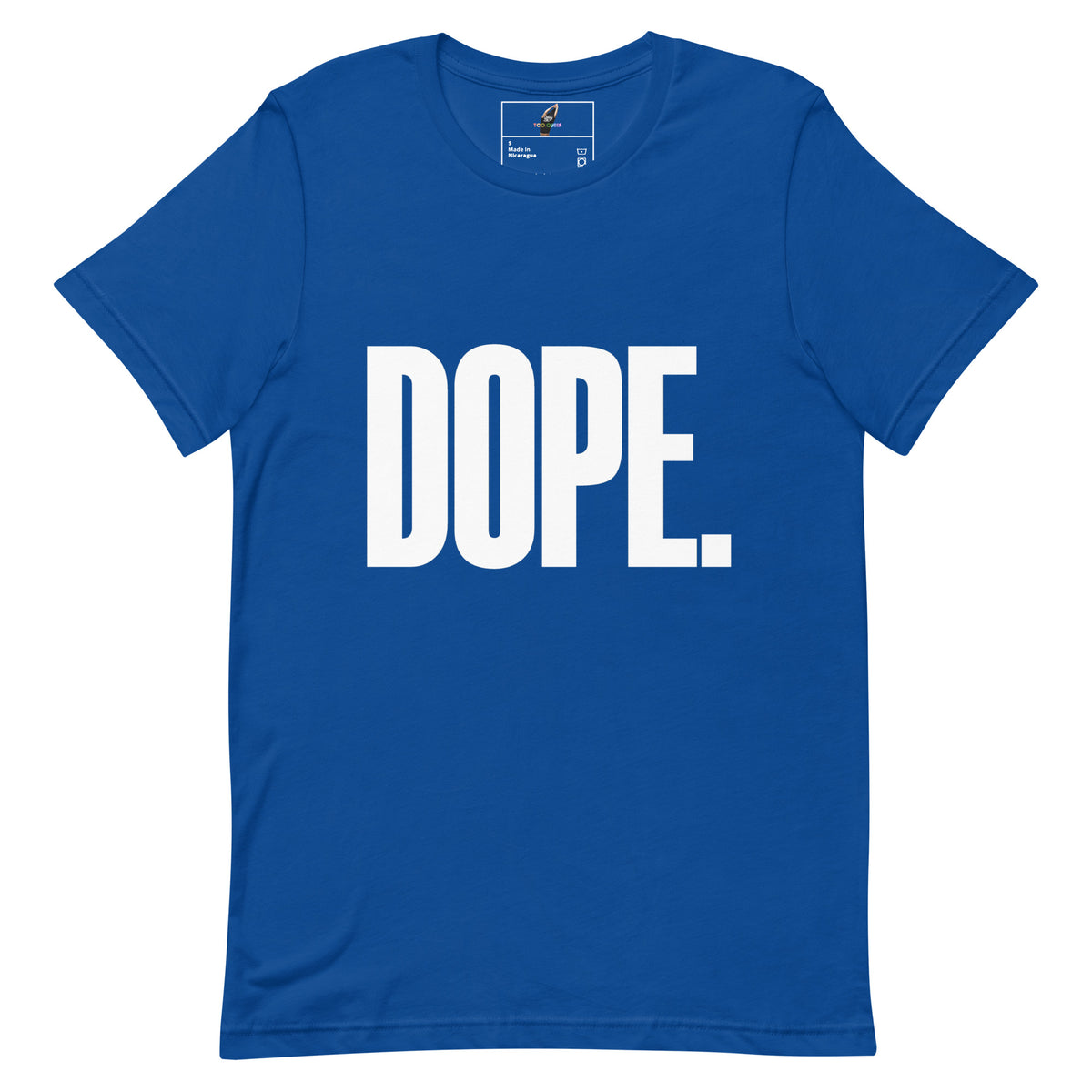 A royal blue short-sleeve crewneck t-shirt with the word 'DOPE.' printed across the chest in bold white capital letters, shown against a plain white background.