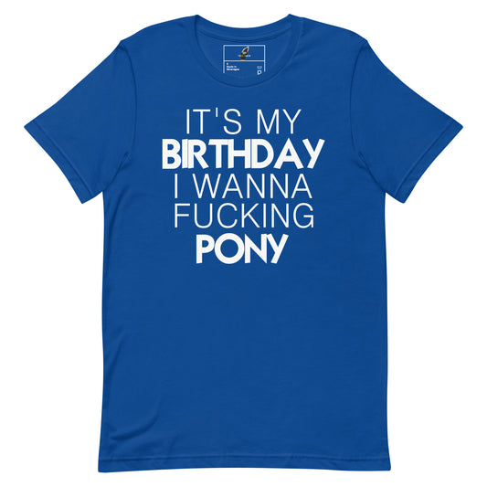 A royal blue short-sleeve t-shirt with bold white text on the front reading 'IT'S MY BIRTHDAY I WANNA FUCKING PONY'. The shirt is displayed flat against a solid white background, with a small inner neck label visible.