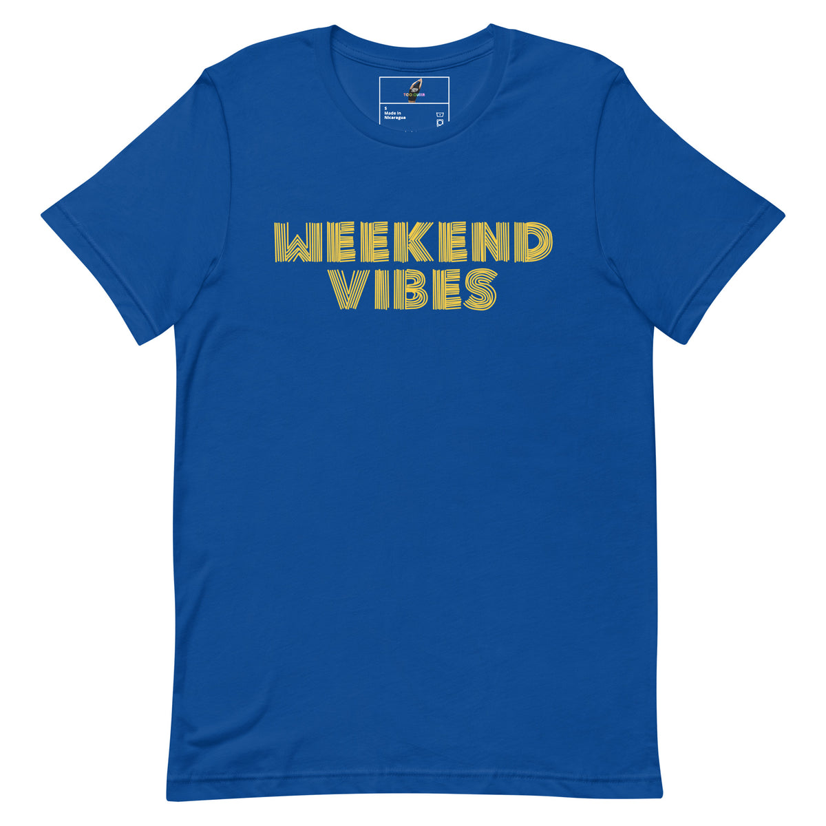 A royal blue short-sleeve crewneck t-shirt featuring the words 'WEEKEND VIBES' printed across the chest in a textured yellow font with a distressed outline.