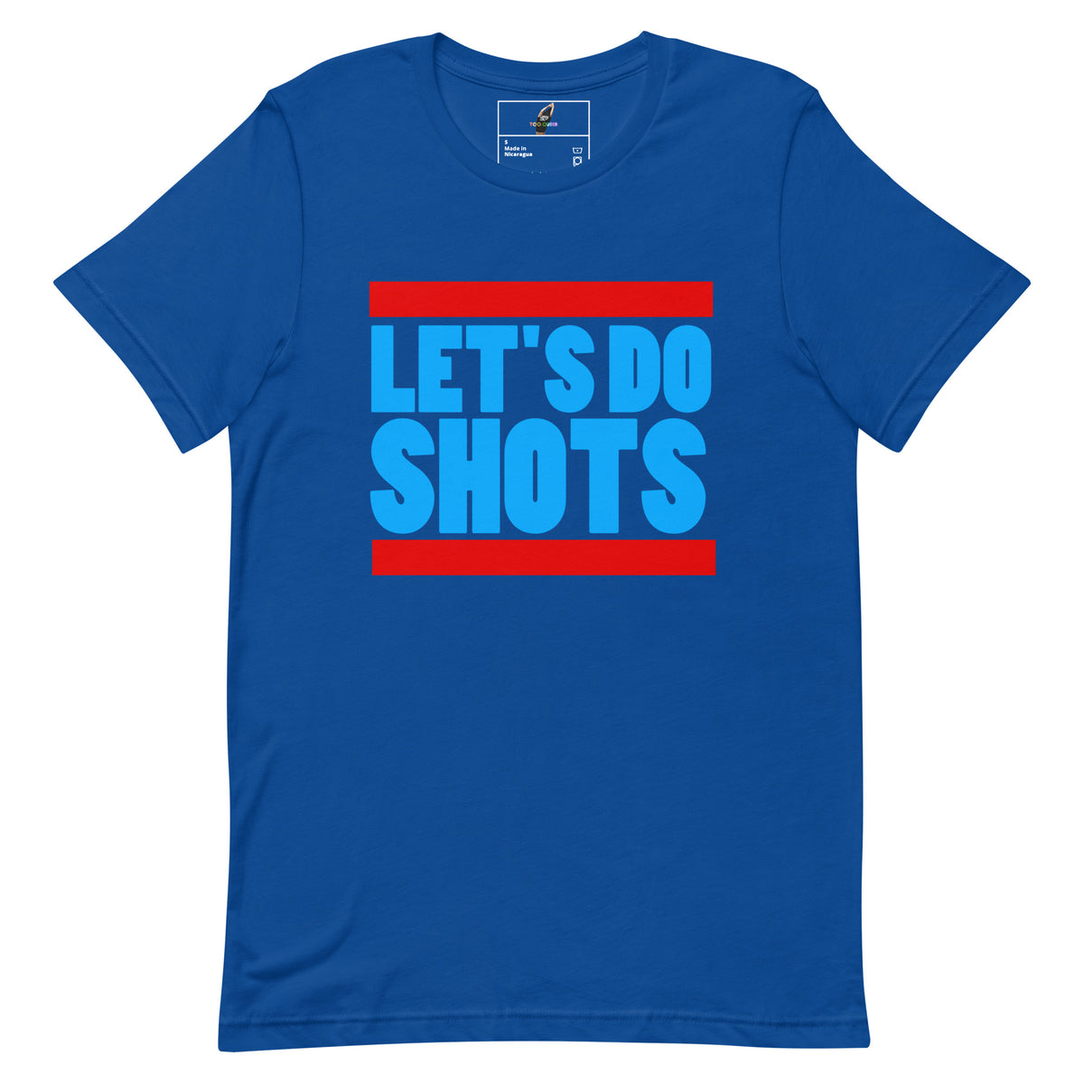 A royal blue short-sleeve t-shirt with a graphic on the chest reading 'LET'S DO SHOTS' in light blue letters, framed by two red horizontal bars, shown on a plain white background.