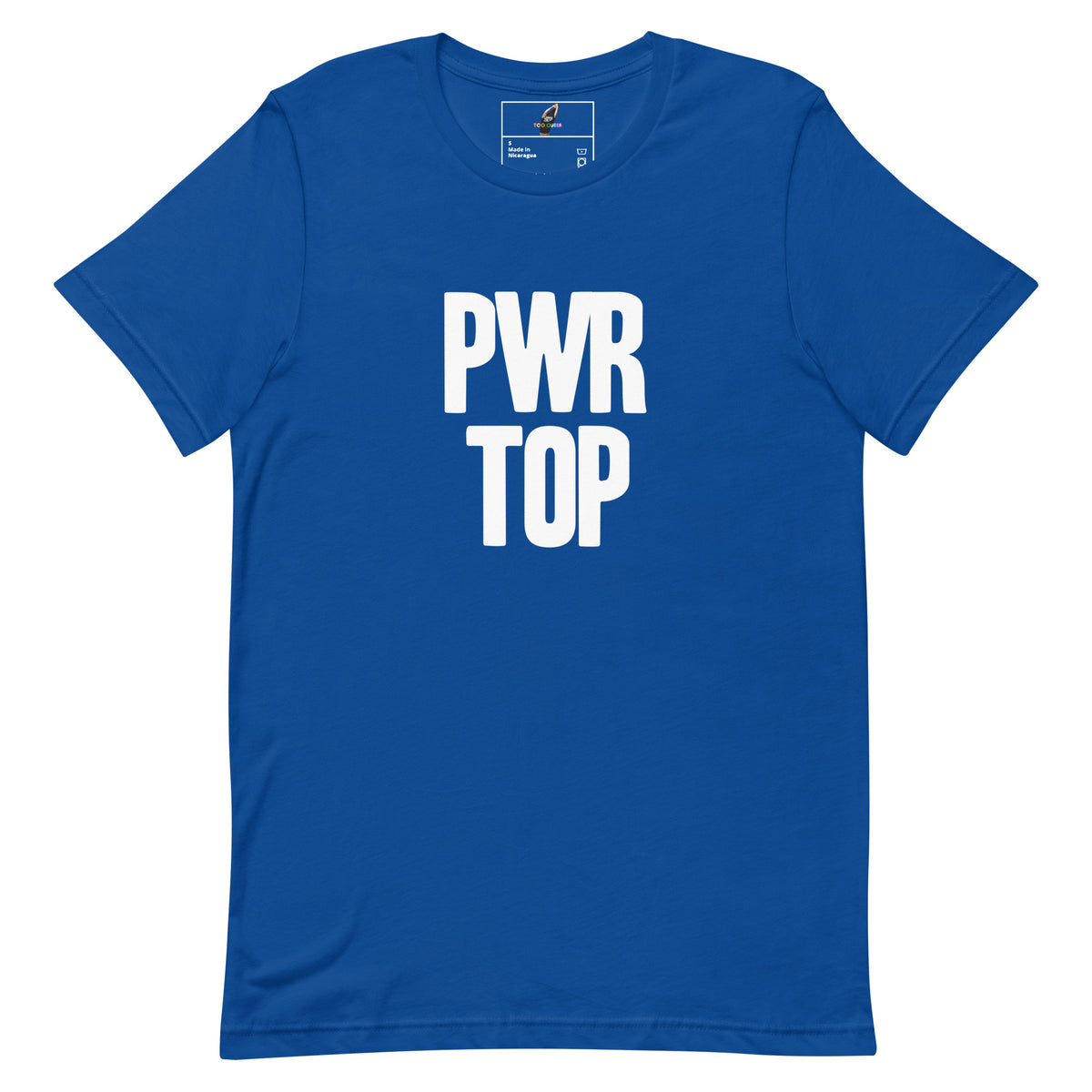A royal blue short-sleeve crewneck t-shirt with the words 'PWR TOP' printed in bold white capital letters on the chest, displayed flat against a solid white background.