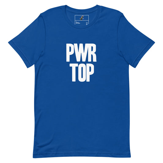 A royal blue short-sleeve crewneck t-shirt with the words 'PWR TOP' printed in bold white capital letters on the chest, displayed flat against a solid white background.