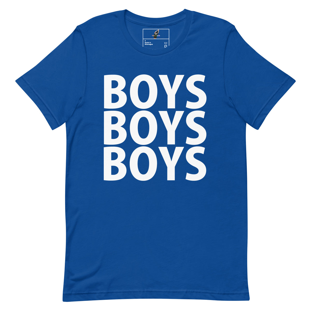 A royal blue short-sleeve t-shirt with the word 'BOYS' printed vertically in large white block letters, stacked three times to read 'BOYS BOYS BOYS'.