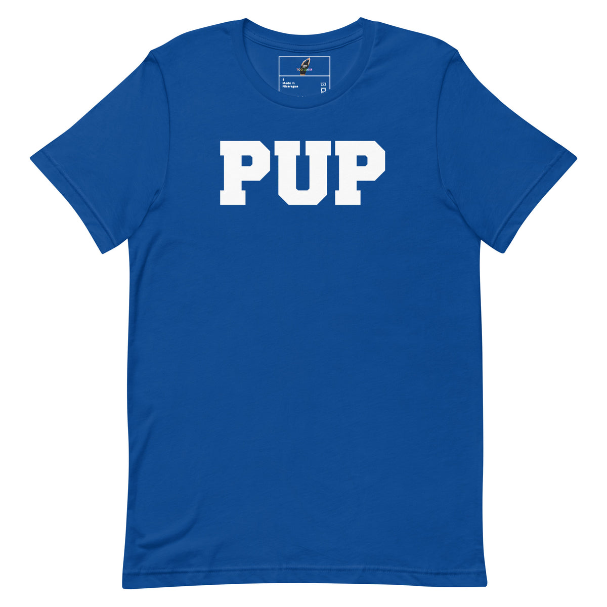 A royal blue short-sleeve t-shirt with the word 'PUP' printed in bold white block letters across the chest, displayed flat against a plain white background.