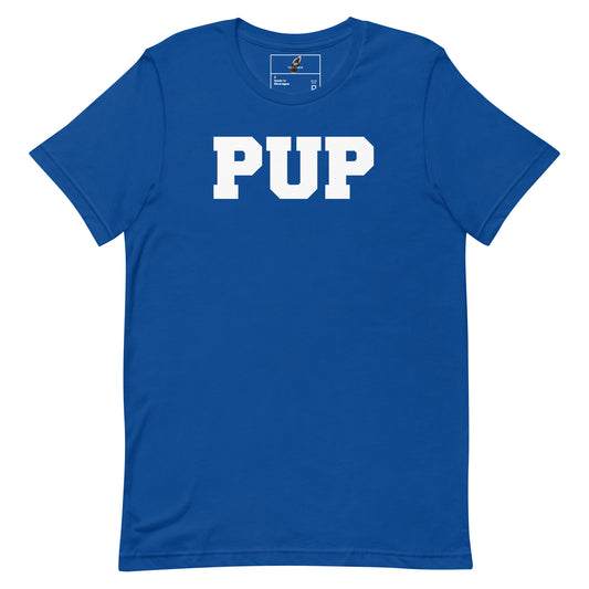 A royal blue short-sleeve t-shirt with the word 'PUP' printed in bold white block letters across the chest, displayed flat against a plain white background.