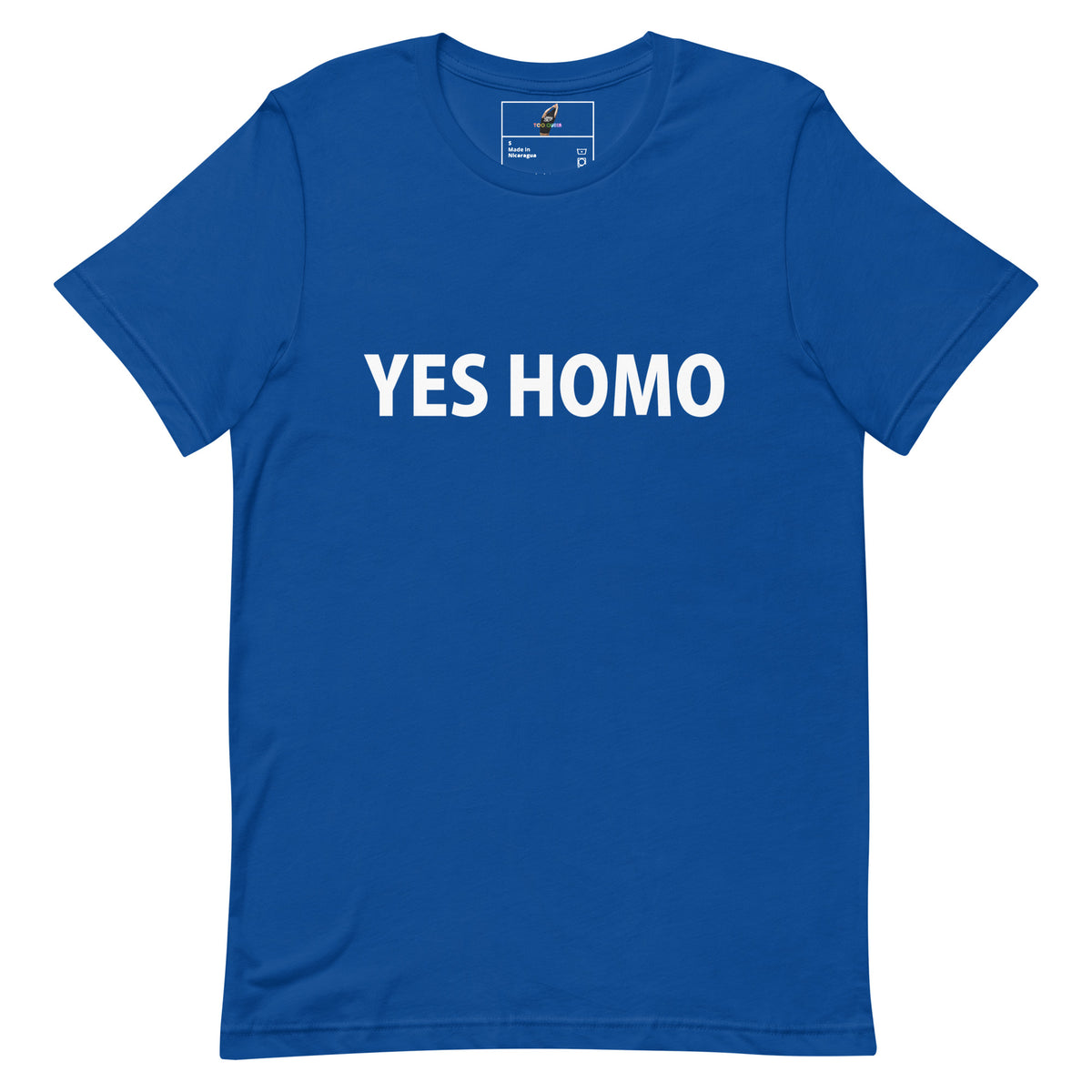 A royal blue short-sleeve crewneck t-shirt with the words 'YES HOMO' printed in bold white capital letters across the chest, displayed flat against a solid white background.